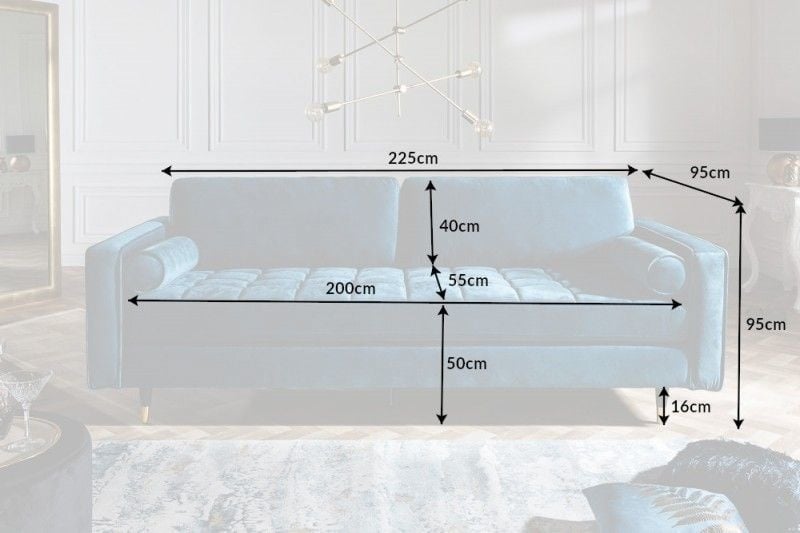 Canapé lounge design 3 places COSY VELVET 220cm âme à ressorts en velours bleu pétrole - 39844
