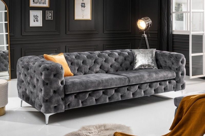 Canapé Chesterfield 3 places MODERN BAROQUE 235cm velours gris foncé 3 places - 41134