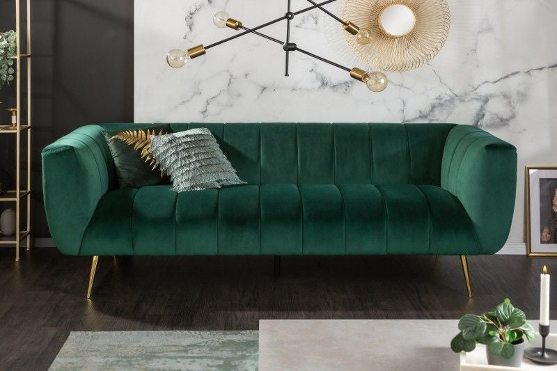 Canapé rétro 3 places NOBLESSE 225cm velours vert émeraude 3 places avec matelassage décoratif - 40404