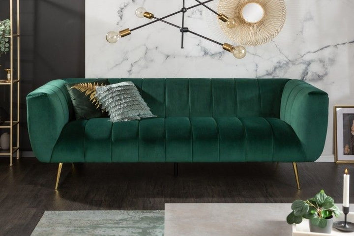 Canapé rétro 3 places NOBLESSE 225cm velours vert émeraude 3 places avec matelassage décoratif - 40404