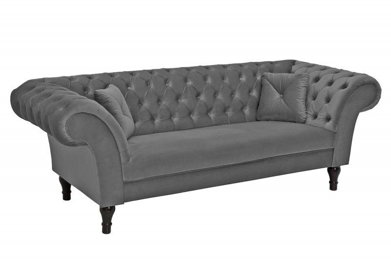 Canapé lounge Chesterfield Design 3 places PARIS 225cm velours gris argent 3 places avec coussins - 40148