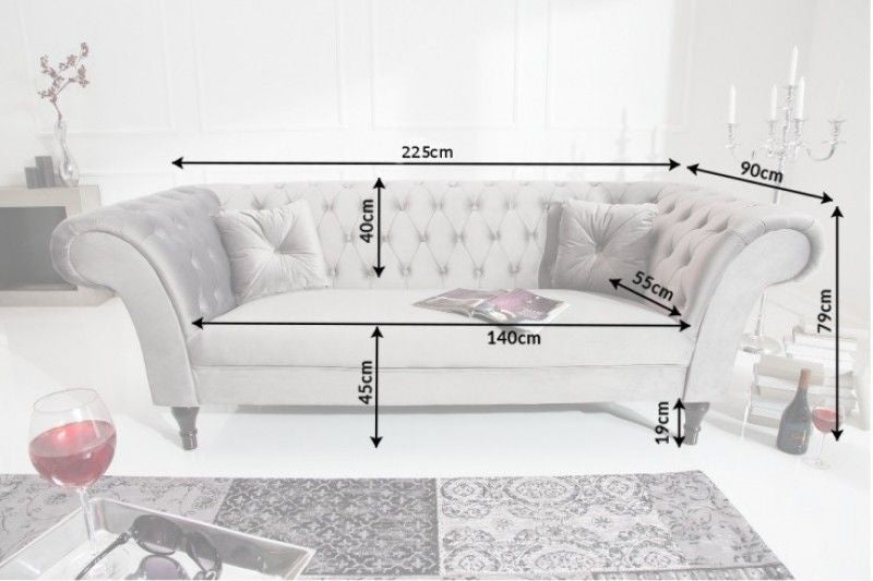 Canapé lounge Chesterfield Design 3 places PARIS 225cm velours gris argent 3 places avec coussins - 40148