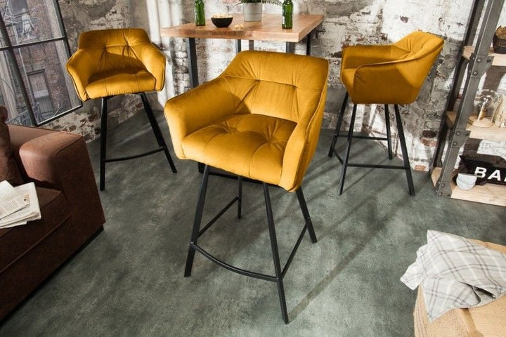 Chaise de bar rétro LOFT 100cm velours jaune moutarde tabouret de bar avec accoudoir - 40308