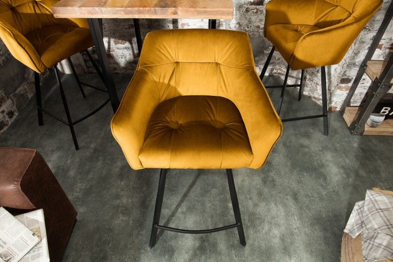 Chaise de bar rétro LOFT 100cm velours jaune moutarde tabouret de bar avec accoudoir - 40308