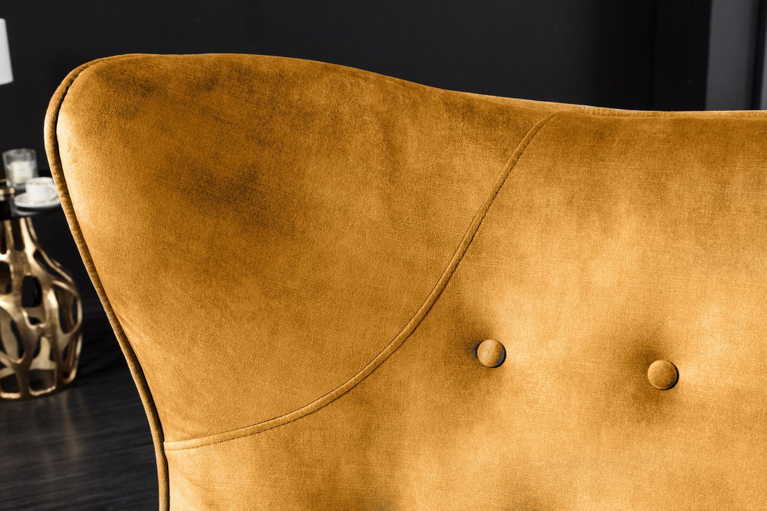 Fauteuil à oreilles AMSTERDAM velours jaune moutarde pieds métal noir - 44484