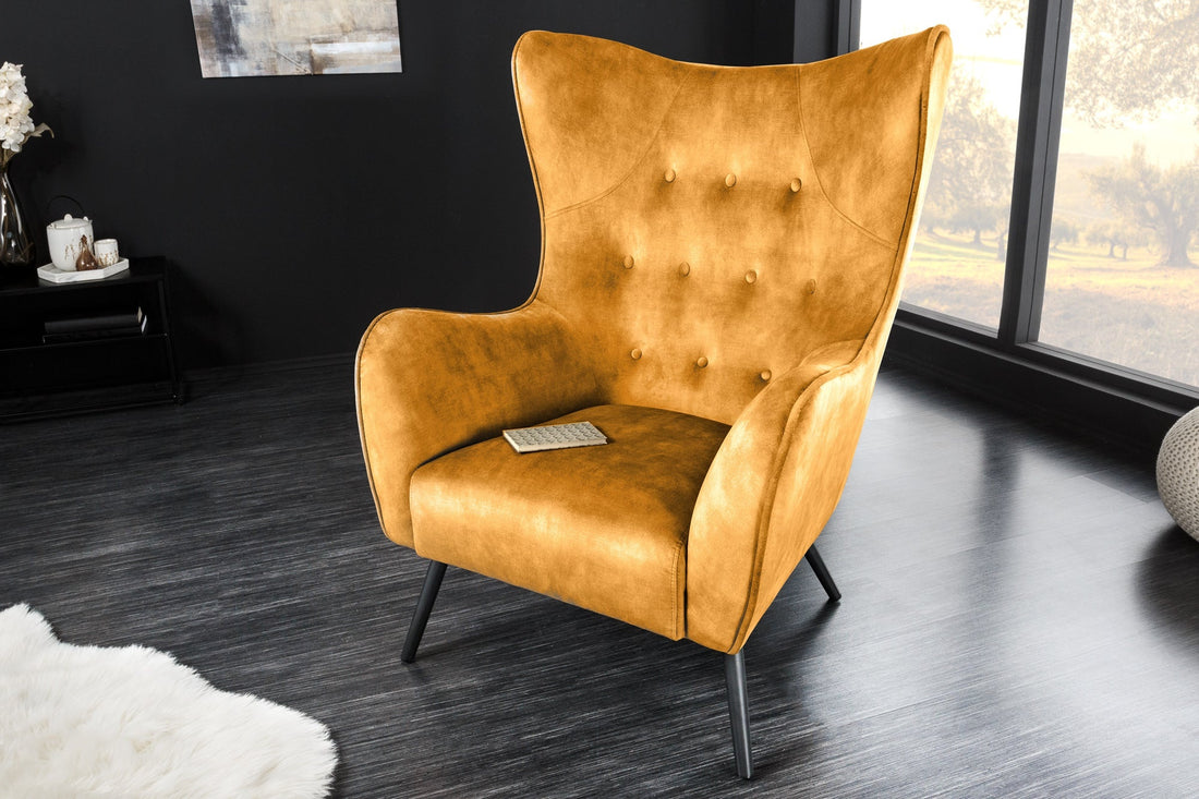Fauteuil à oreilles AMSTERDAM velours jaune moutarde pieds métal noir - 44484