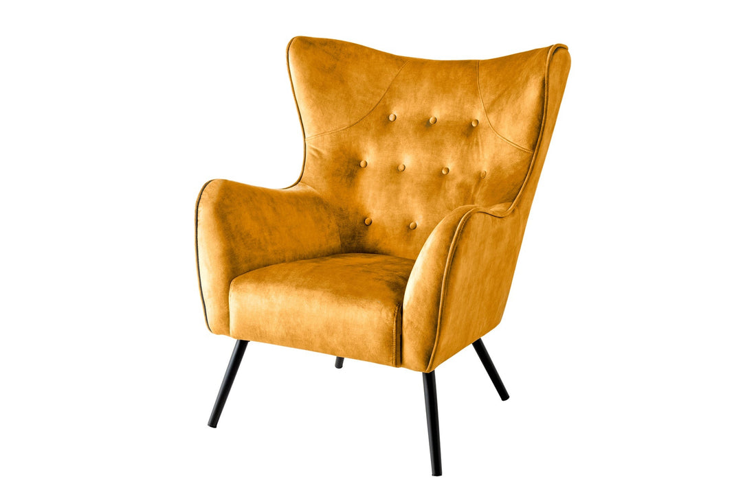 Fauteuil à oreilles AMSTERDAM velours jaune moutarde pieds métal noir - 44484
