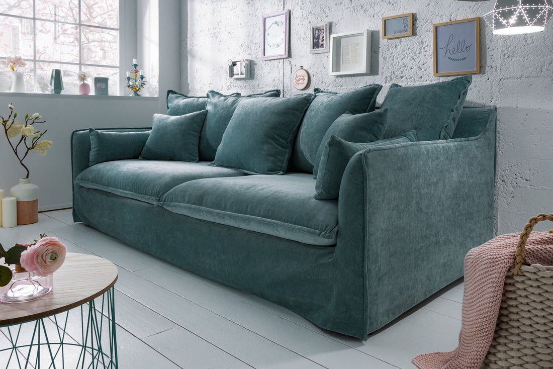 Invicta Interior Grand canapé 3 places HEAVEN Sarcelle 200cm housse de canapé amovible à ressorts en velours taupe - 3857