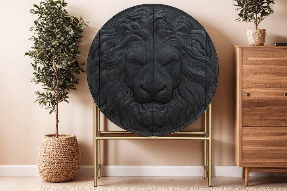 Buffet haut LION 140cm manguier 3D cadre noir doré - 45850