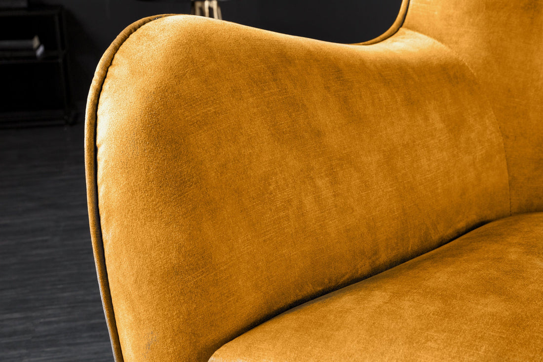 Fauteuil à oreilles AMSTERDAM velours jaune moutarde pieds métal noir - 44484