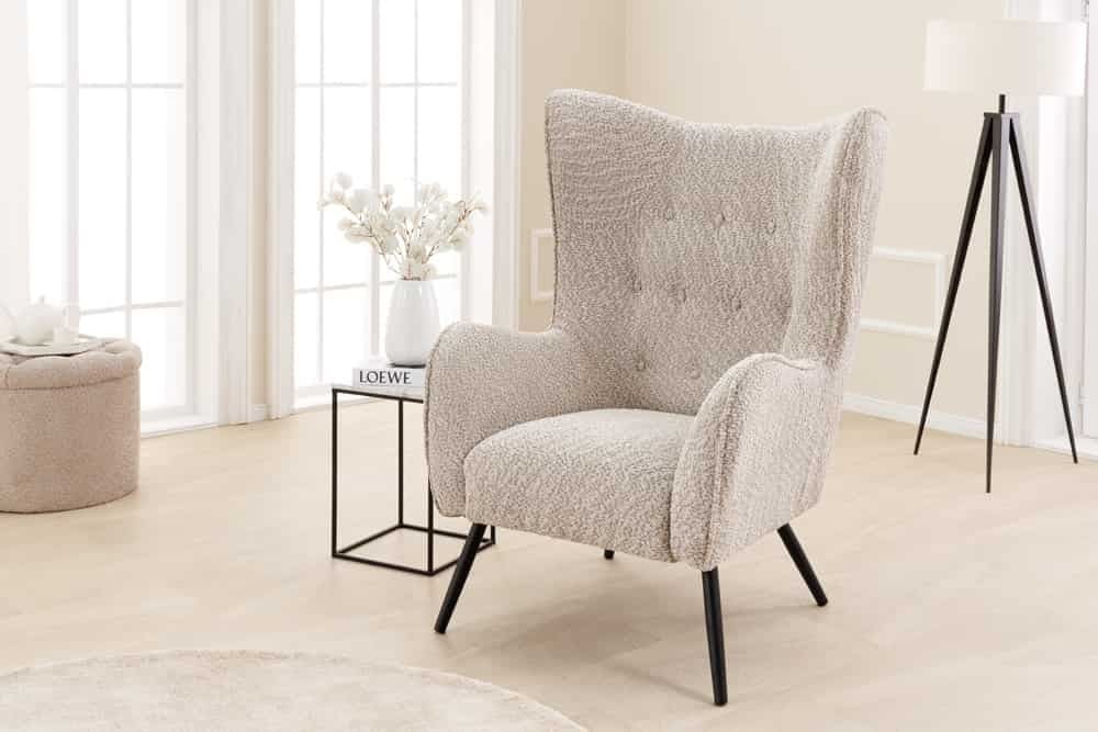 Fauteuil à oreilles AMSTERDAM boucle gris pieds métal noir - 44483