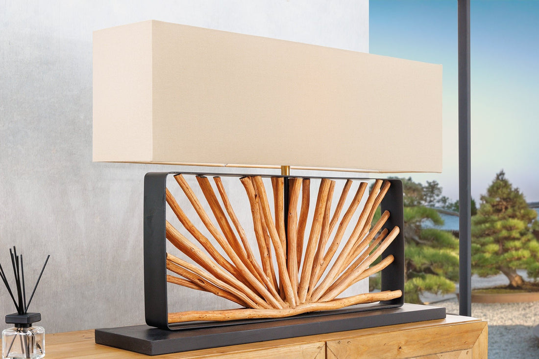 Lampe à poser EUPHORIA 80cm Abat-jour beige bois de longane naturel - 44687