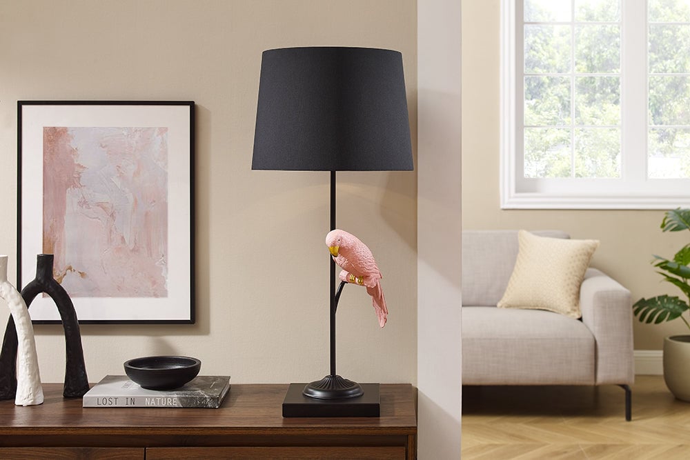 Lampe à poser WILDLIFE 75cm perroquet rose or noir - 44815