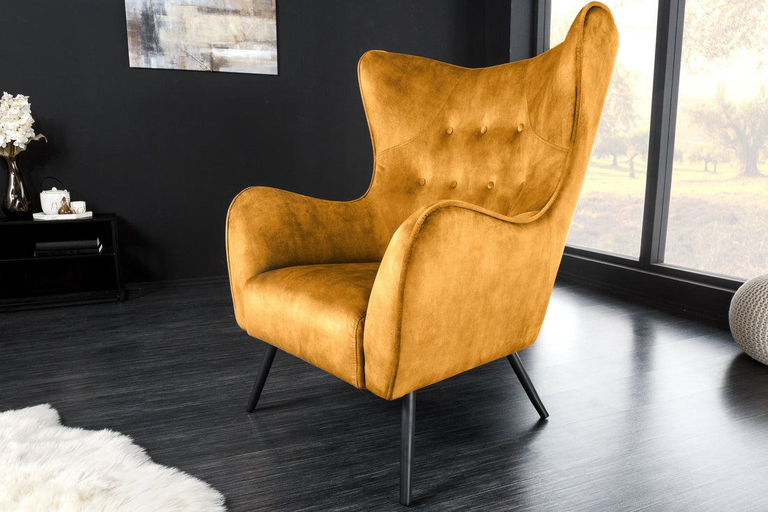 Fauteuil à oreilles AMSTERDAM velours jaune moutarde pieds métal noir - 44484