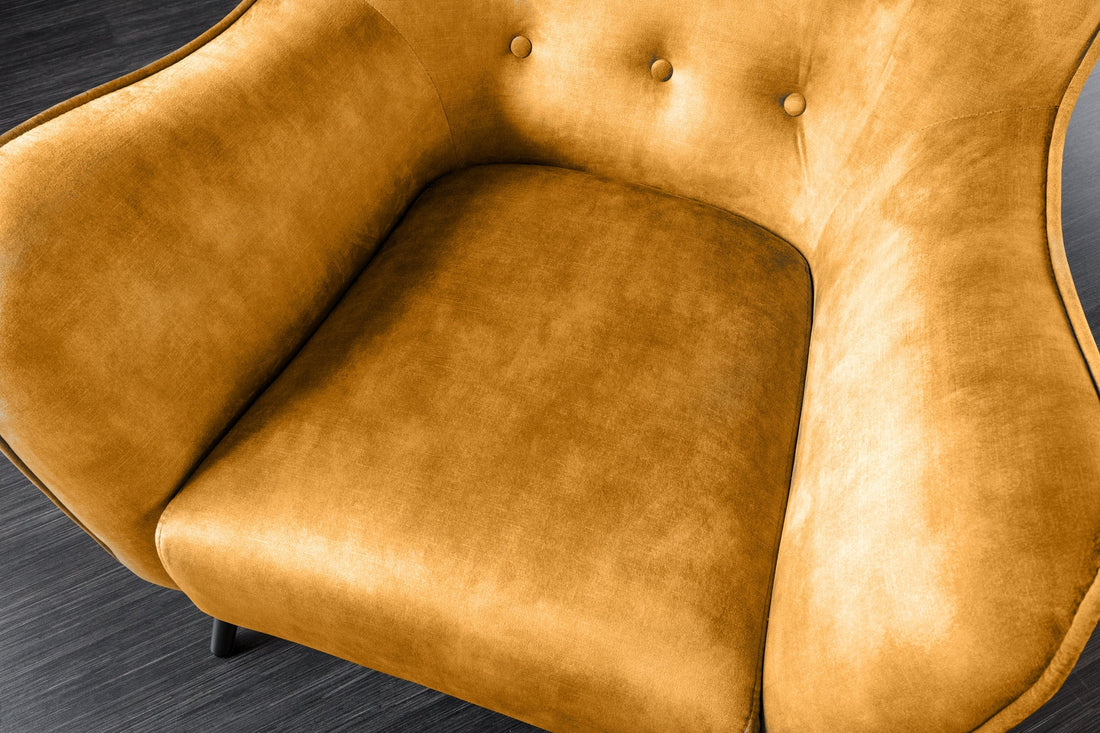 Fauteuil à oreilles AMSTERDAM velours jaune moutarde pieds métal noir - 44484