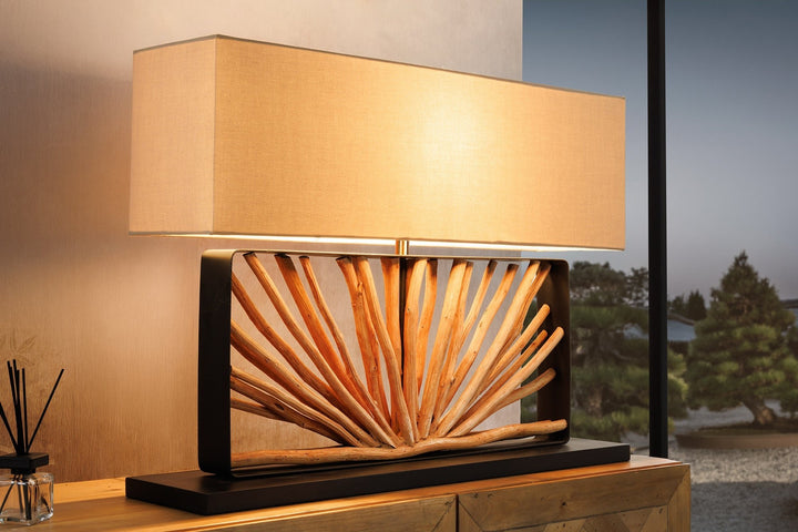 Lampe à poser EUPHORIA 80cm Abat-jour beige bois de longane naturel - 44687