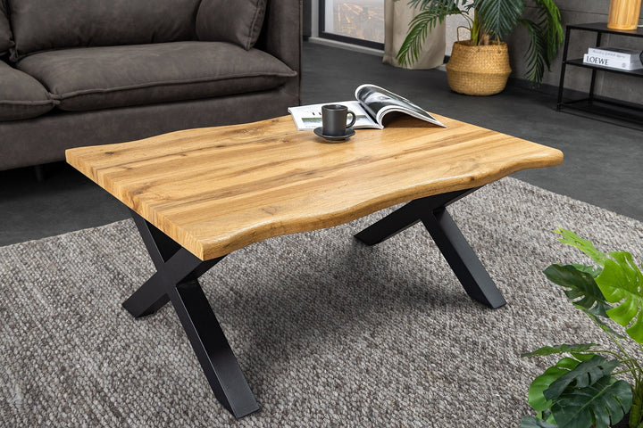 Table basse WILD 90cm plateau 30mm pieds en X aspect chêne sauvage naturel - 45081