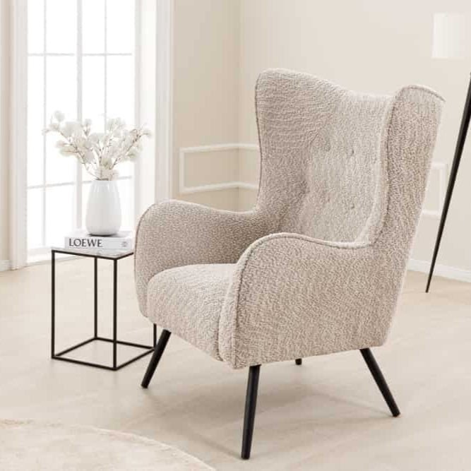 Fauteuil à oreilles AMSTERDAM boucle gris pieds métal noir - 44483