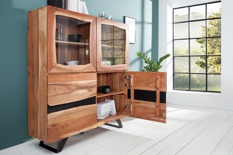 Buffet massif AMAZONAS 140cm vitrine en métal acacia bord d'arbre - 38330