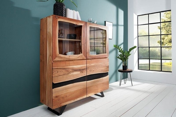 Buffet massif AMAZONAS 140cm vitrine en métal acacia bord d'arbre - 38330