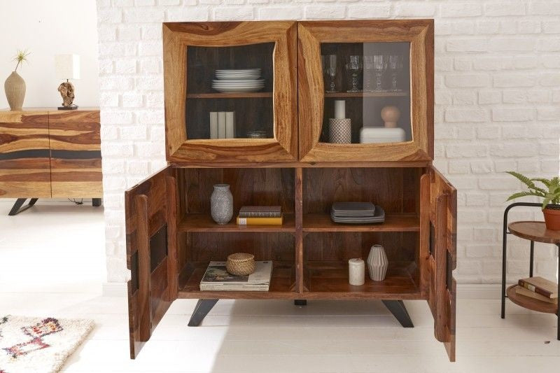 Buffet massif AMAZONAS 140 cm vitrine en bois de Sesham marron avec bordure en arbre - 40195