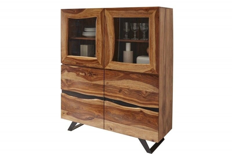 Buffet massif AMAZONAS 140 cm vitrine en bois de Sesham marron avec bordure en arbre - 40195