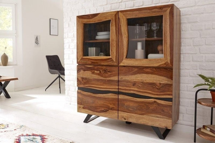 Buffet massif AMAZONAS 140 cm vitrine en bois de Sesham marron avec bordure en arbre - 40195