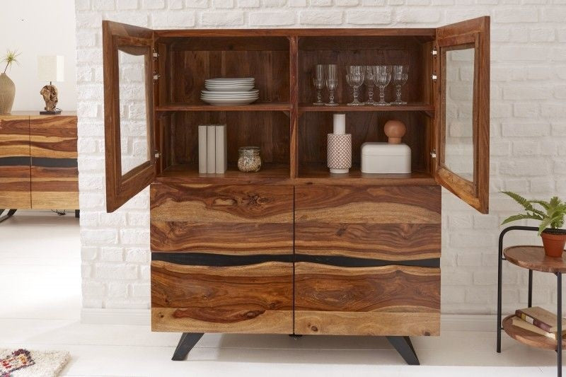 Buffet massif AMAZONAS 140 cm vitrine en bois de Sesham marron avec bordure en arbre - 40195