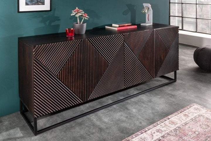 Buffet massif CREATIVO 177 cm en bois de manguier, design rétro détaillé sur la façade - 40049
