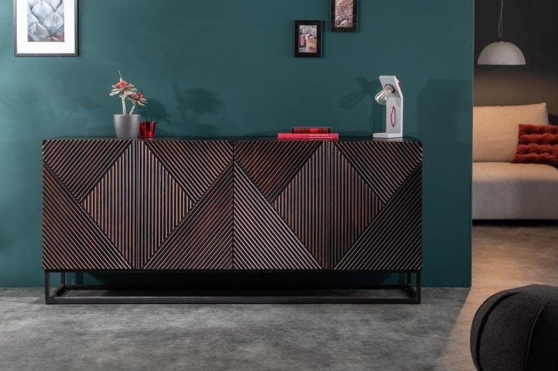 Buffet massif CREATIVO 177 cm en bois de manguier, design rétro détaillé sur la façade - 40049