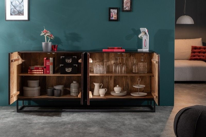 Buffet massif CREATIVO 177 cm en bois de manguier, design rétro détaillé sur la façade - 40049