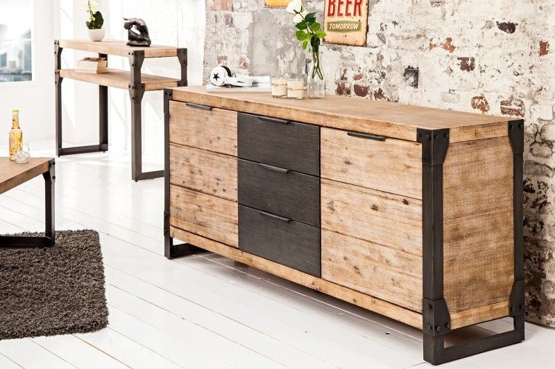 Buffet industriel massif FACTORY 180cm en acacia blanchi à la chaux - 36771