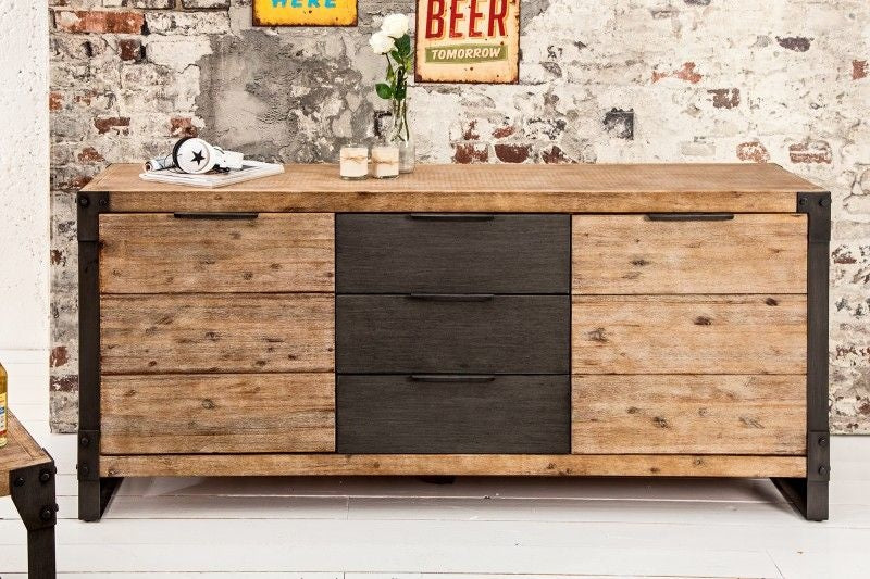 Buffet industriel massif FACTORY 180cm en acacia blanchi à la chaux - 36771
