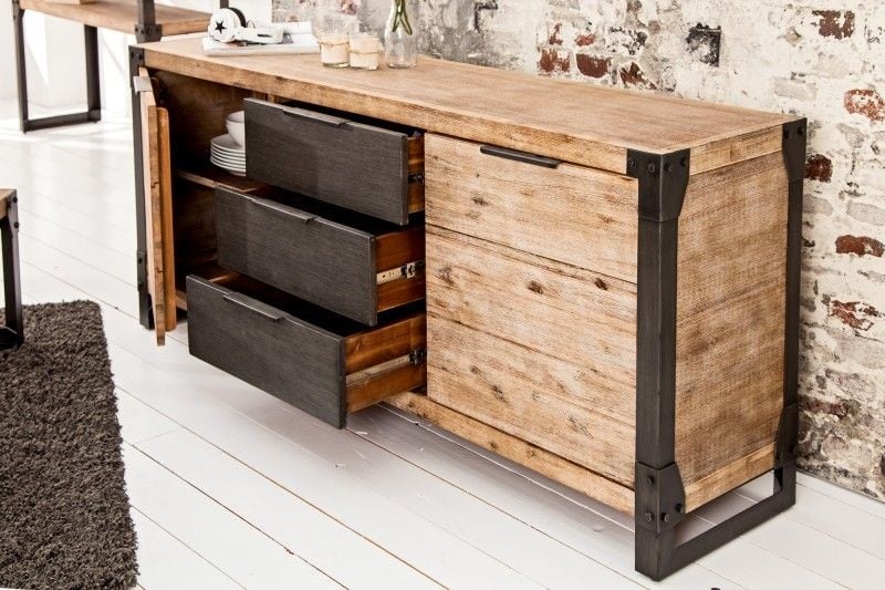 Buffet industriel massif FACTORY 180cm en acacia blanchi à la chaux - 36771