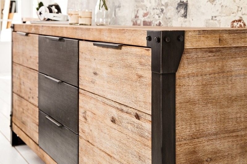 Buffet industriel massif FACTORY 180cm en acacia blanchi à la chaux - 36771