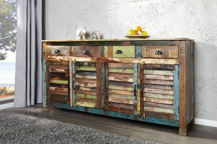 Buffet unique JAKARTA 160cm en bois massif recyclé coloré provenant de bateaux de pêche - 40126