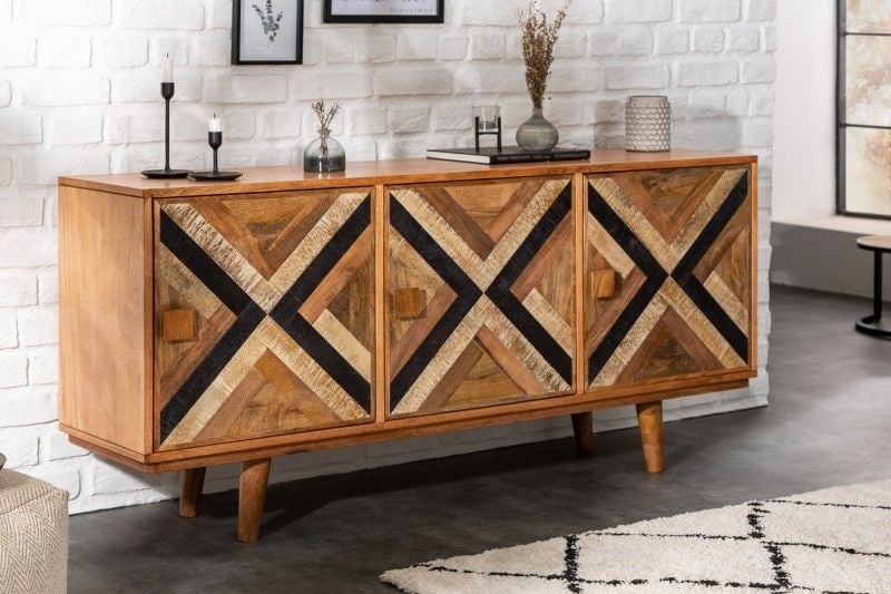 Buffet élégant LONG ISLAND 160cm aspect manguier avec motif rétro - 40053