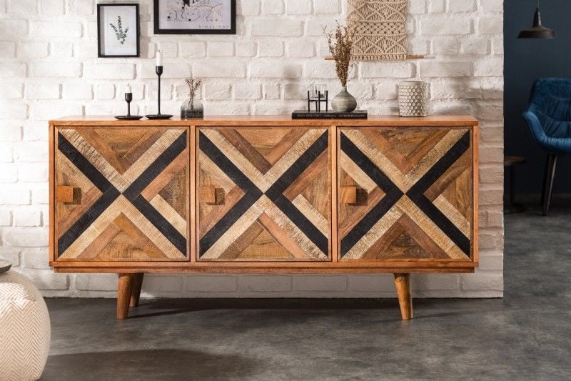 Buffet élégant LONG ISLAND 160cm aspect manguier avec motif rétro - 40053