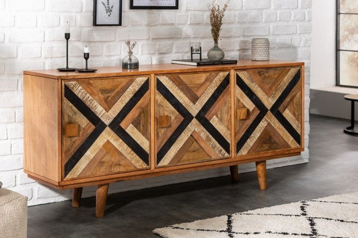 Buffet élégant LONG ISLAND 160cm aspect manguier avec motif rétro - 40053
