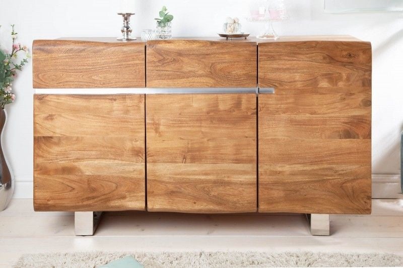 Buffet tronc d'arbre massif MAMMUT 135cm acacia piètement luge en inox - 38473