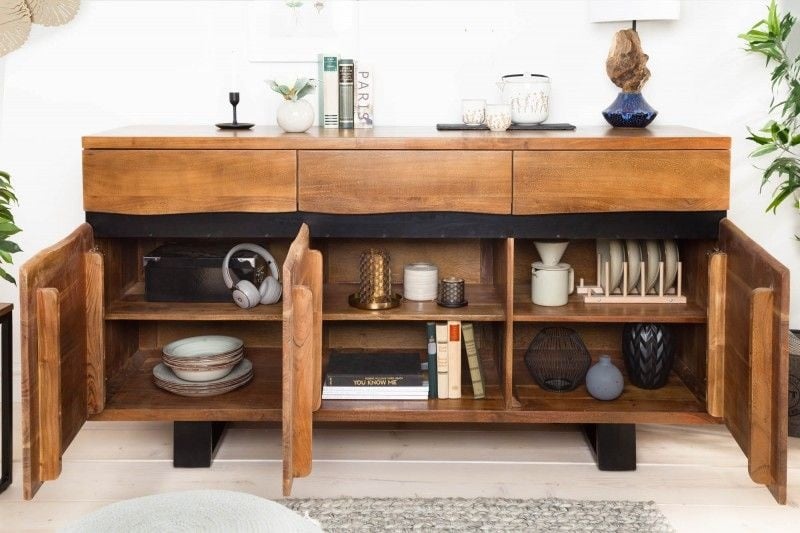 Buffet en bois massif MAMMUT 160 cm bord d'arbre en métal finition miel d'acacia - 39364