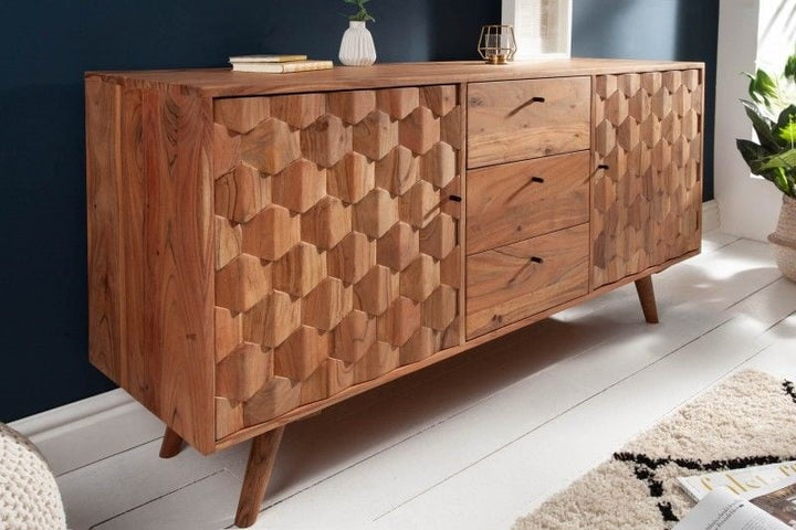 Buffet massif MYSTIC LIVING 145cm acacia naturel surface 3D bois massif - 38420