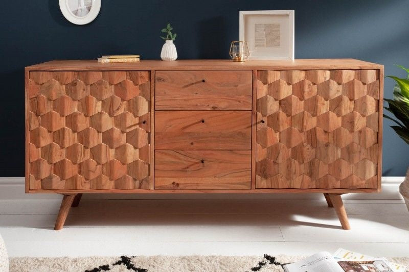 Buffet massif MYSTIC LIVING 145cm acacia naturel surface 3D bois massif - 38420