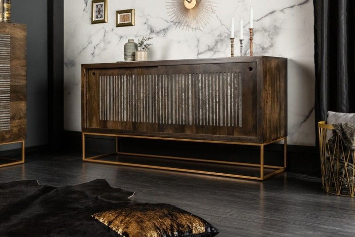 Buffet massif ONYX 160cm marron foncé doré manguier pierres précieuses agate portes coulissantes - 39230