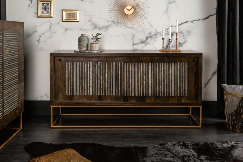 Buffet massif ONYX 160cm marron foncé doré manguier pierres précieuses agate portes coulissantes - 39230
