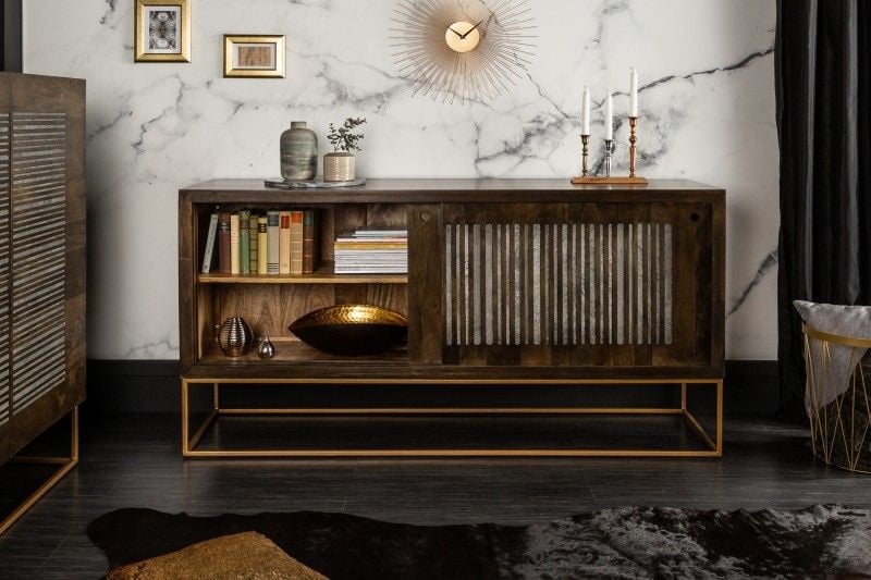 Buffet massif ONYX 160cm marron foncé doré manguier pierres précieuses agate portes coulissantes - 39230