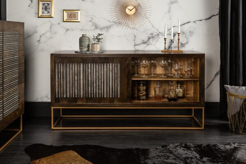 Buffet massif ONYX 160cm marron foncé doré manguier pierres précieuses agate portes coulissantes - 39230