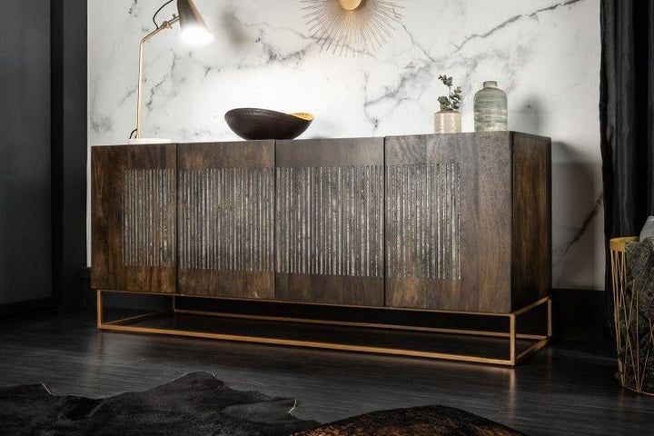 Buffet massif ONYX 180 cm bois de manguier marron foncé pierre précieuse agate structure métal doré - 39229