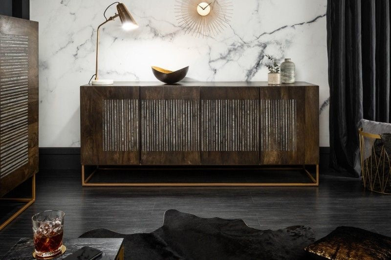 Buffet massif ONYX 180 cm bois de manguier marron foncé pierre précieuse agate structure métal doré - 39229