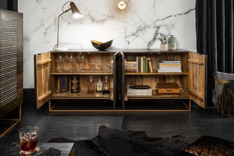 Buffet massif ONYX 180 cm bois de manguier marron foncé pierre précieuse agate structure métal doré - 39229